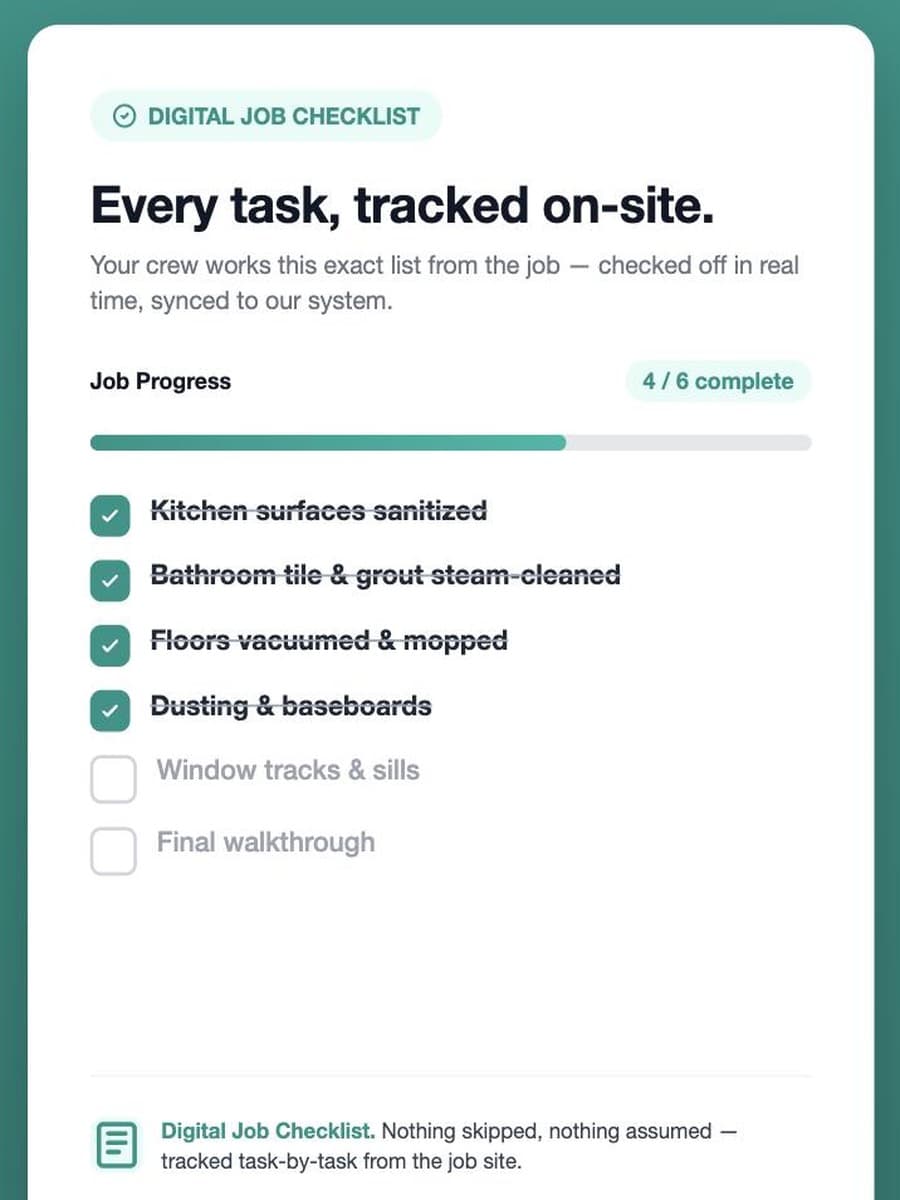 Digital Job Checklist tracking completed luxury condo cleaning services