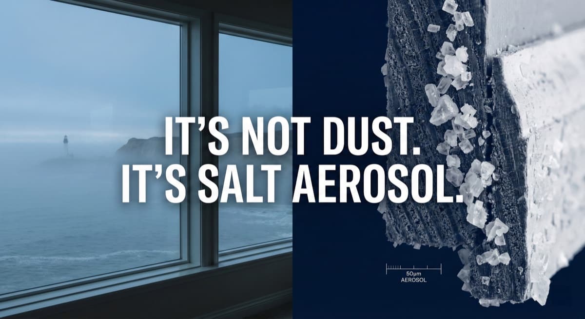Salt aerosol haze on Downtown San Diego high-rise windows overlooking San Diego Bay