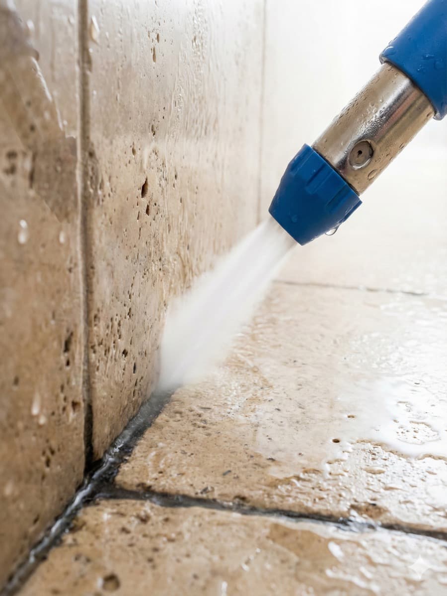 275°F steam cleaner nozzle performing thermal shock treatment on luxury condo surfaces