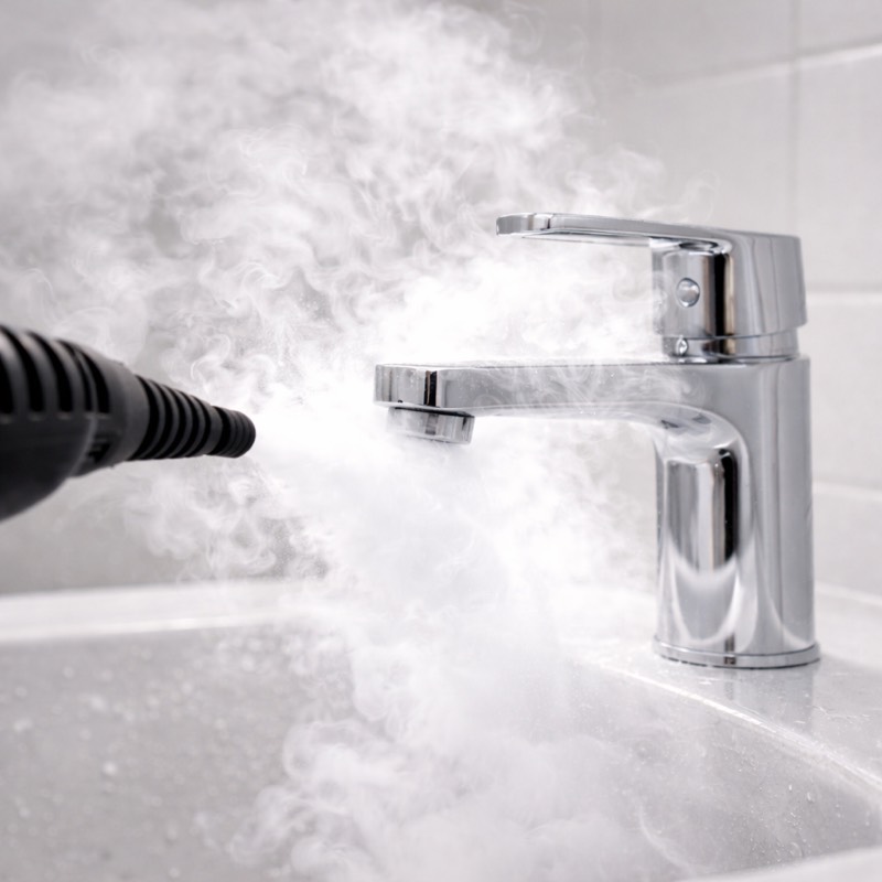 275°F dry steam nozzle performing thermal sanitization